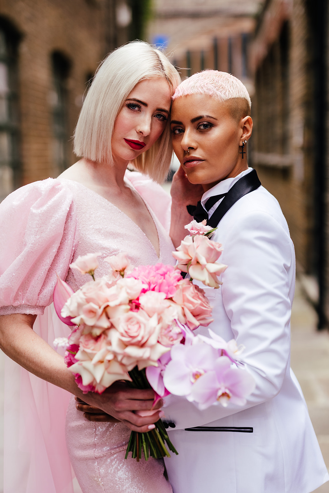 city wedding - alternative bridal wear - pink bridal jumpsuit - bridal tuxedo