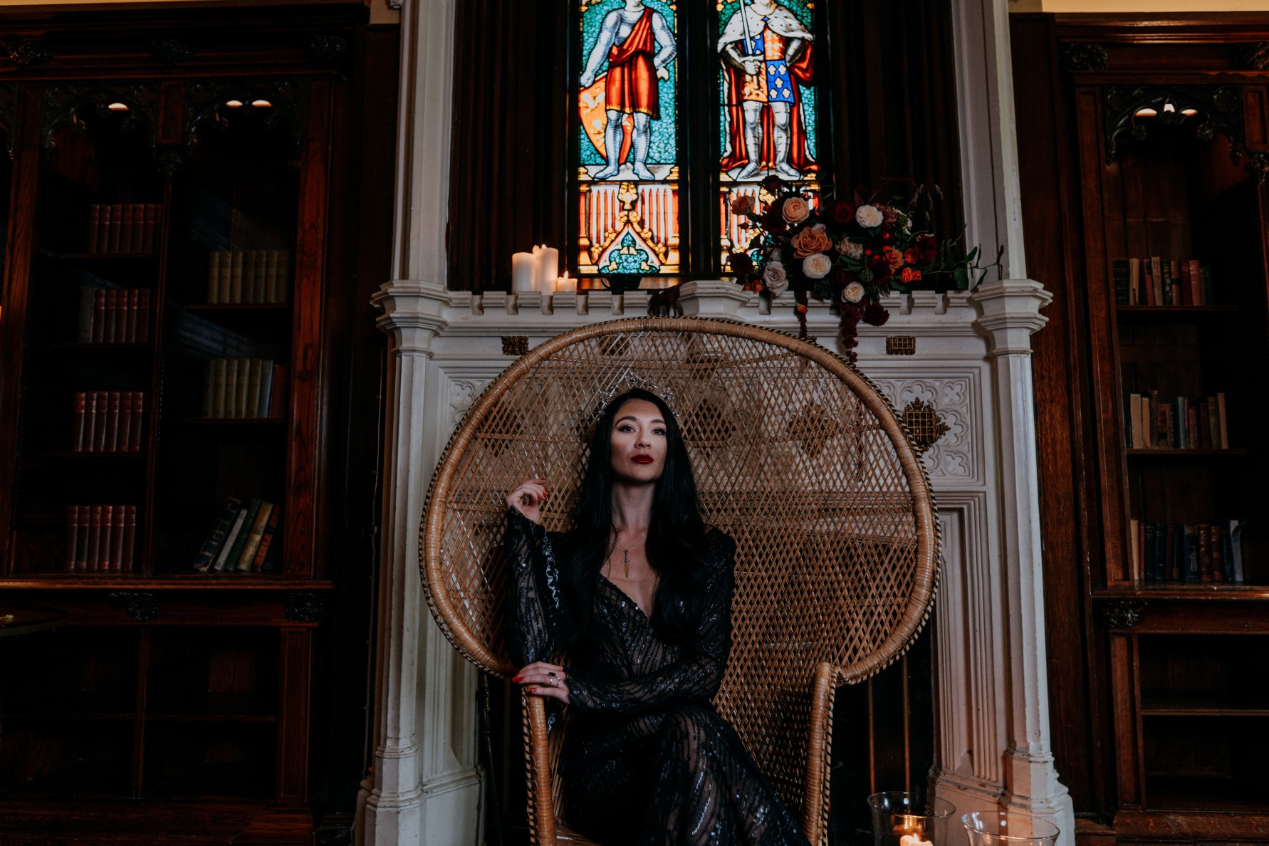 black wedding dress - gothic bride in wicker chair