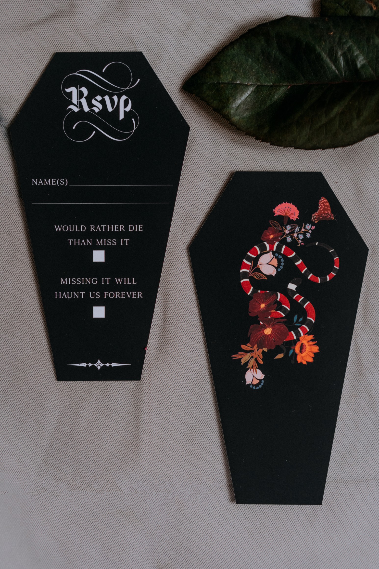 gothic wedding stationery - coffin shaped wedding invitations - unique wedding stationery