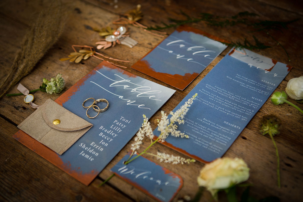 unique wedding stationery - blue and copper wedding - modern wedding stationery