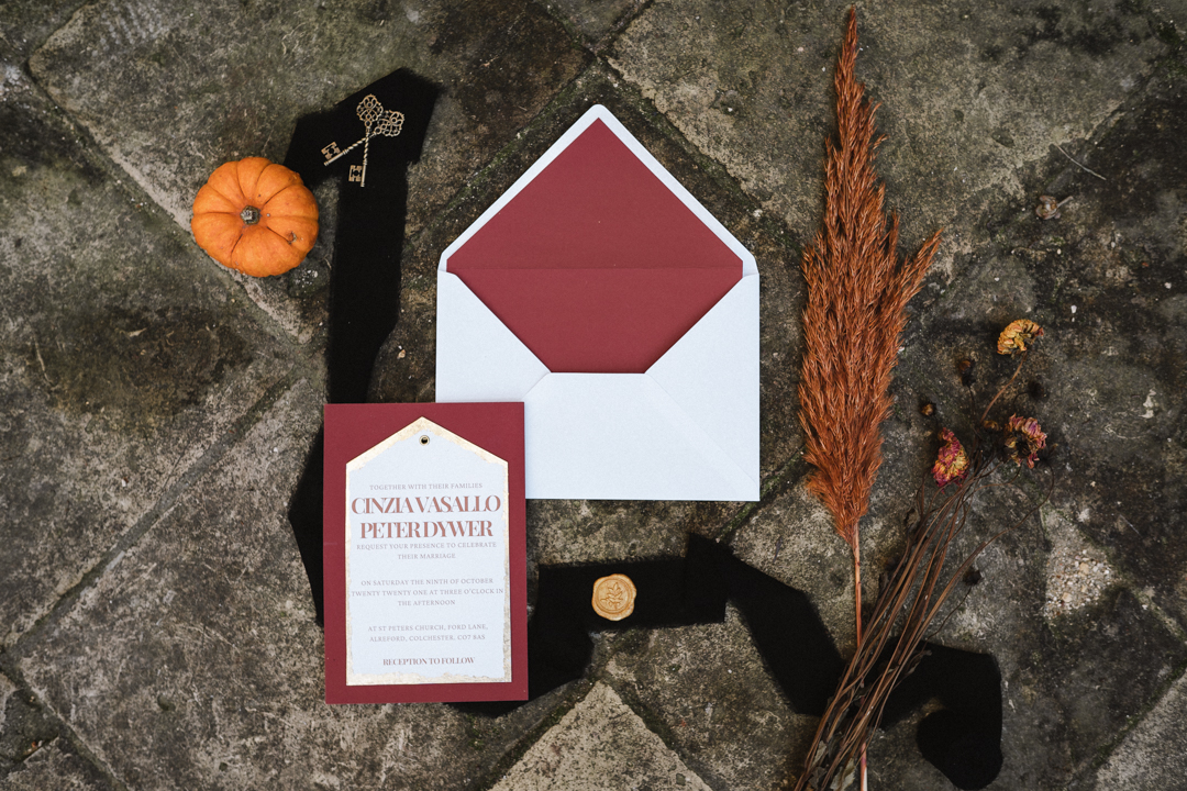 autumn elopement wedding stationery set with invitation, pumpkins and pampas grass