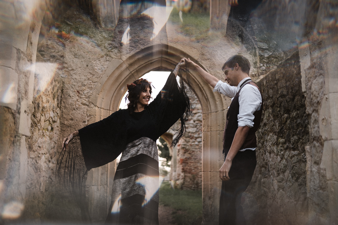 autumn elopement - couple dancing in church ruins