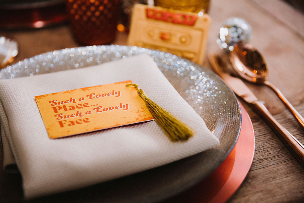 bold autumn wedding - 70s wedding ideas - retro wedding stationery - music themed wedding