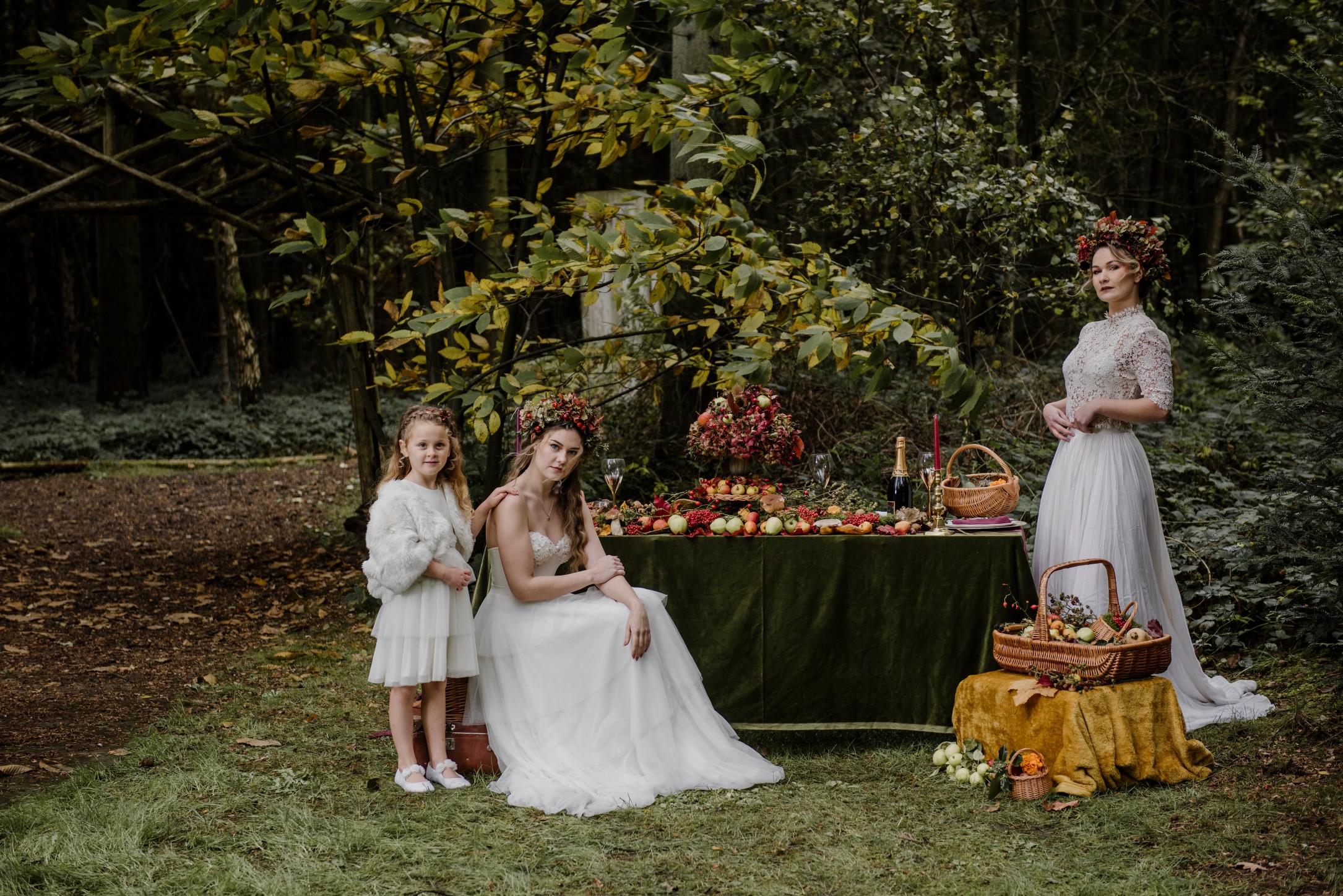 woodland wedding ceremony - bohemian autumn wedding at longton wood - forest wedding inspiration - autumn wedding grazing table - celtic wedding