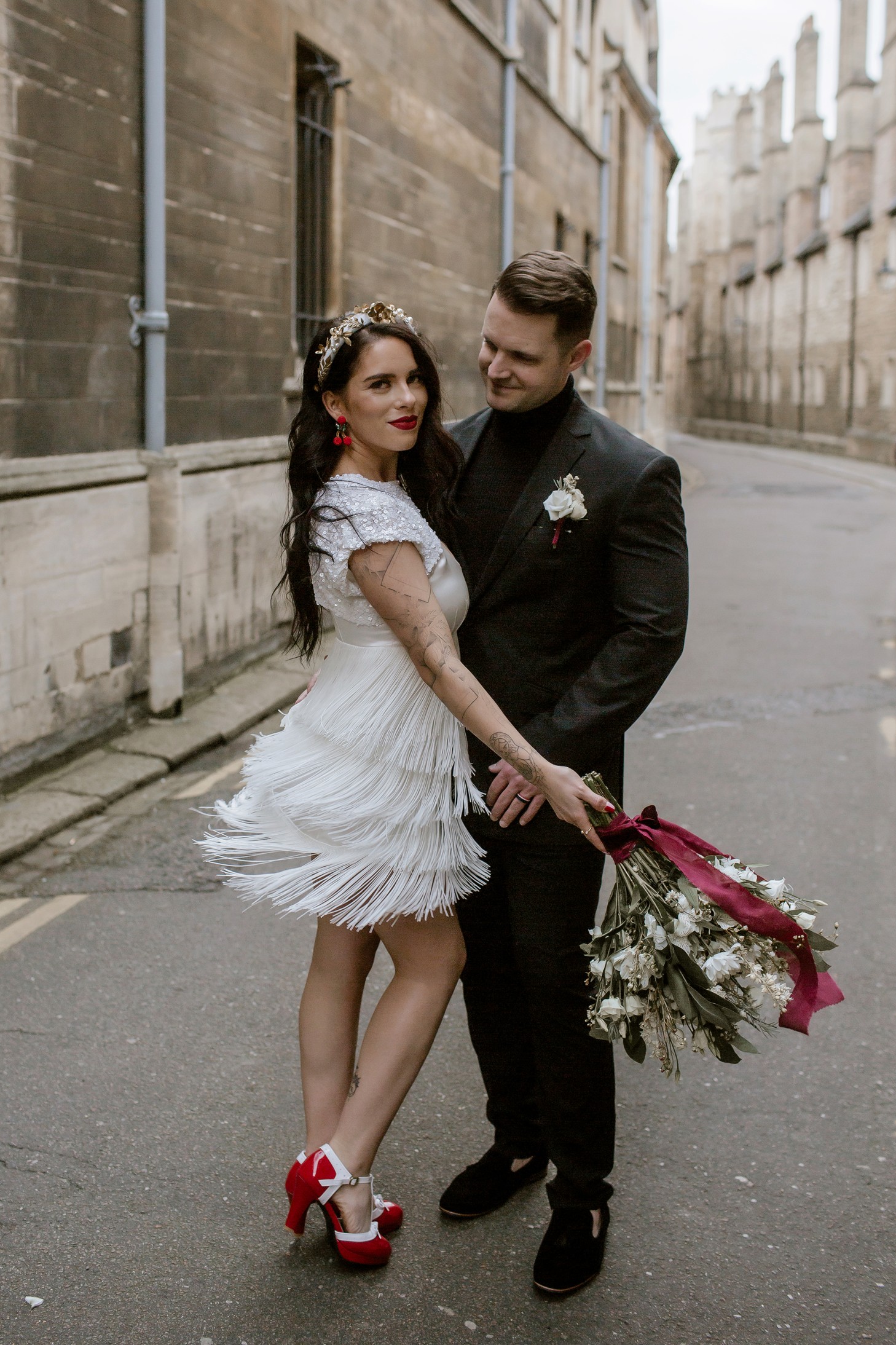 short tassell wedding dress - fun winter wedding in Cambridge - city elopement - urban wedding ideas