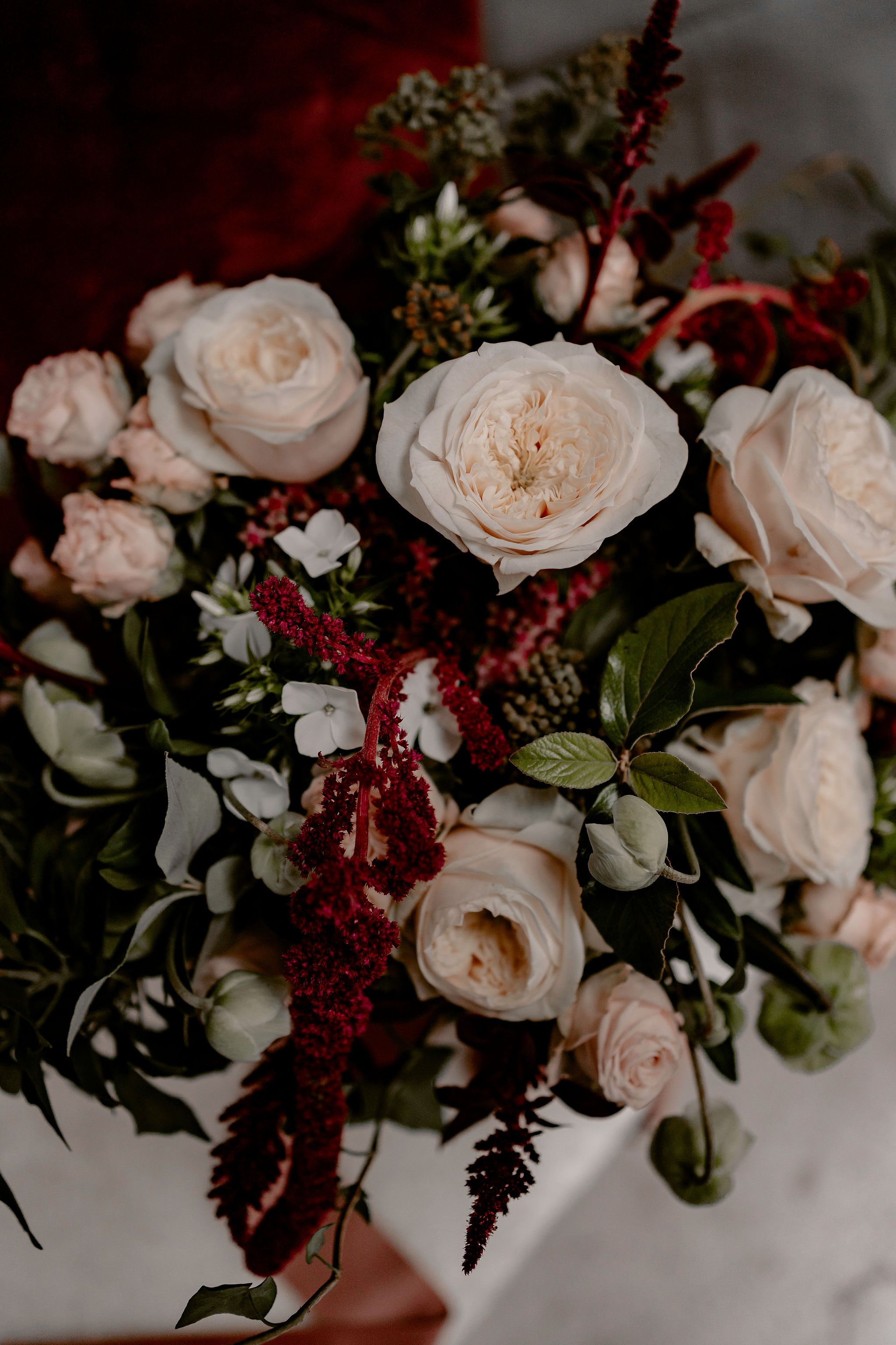 white, red and pink wedding flowers - unique wedding flowers - white and red bridal bouquet