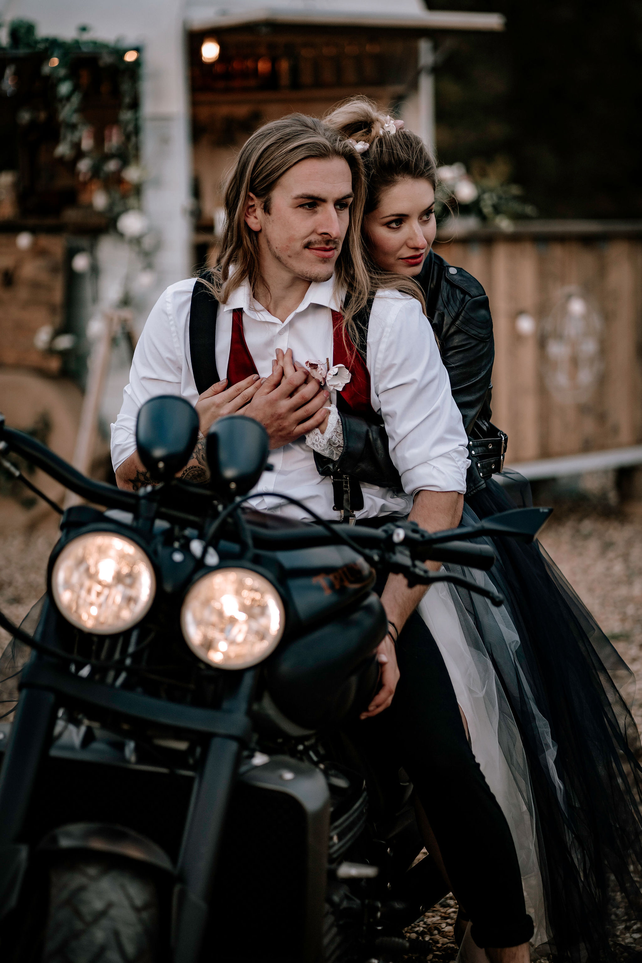 motorbike wedding - bride in black wedding dress and leather jacket - alternative outdoor wedding ideas