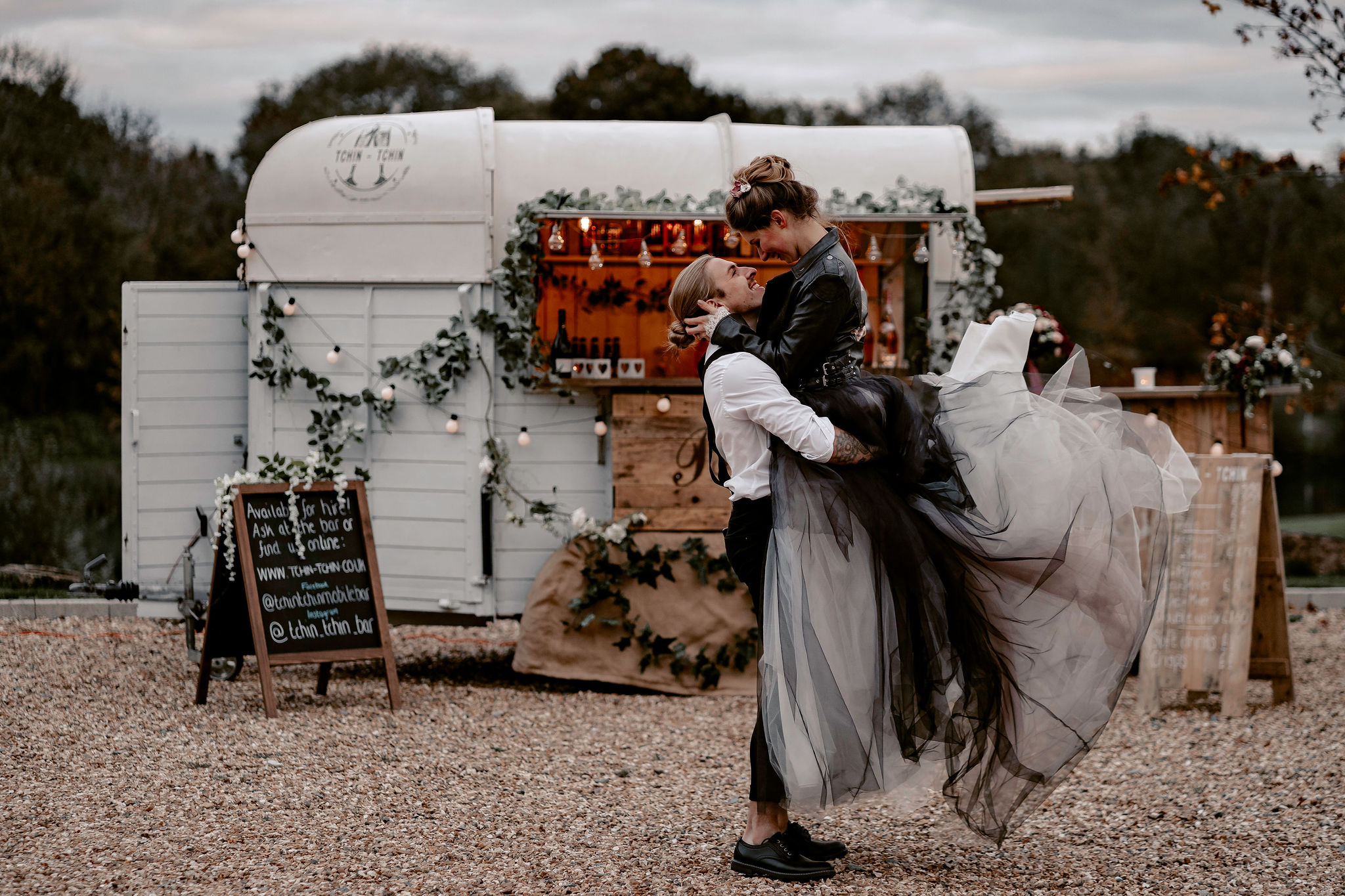 intimate outdoor wedding - bride in leather jacket and black wedding dress - alternative wedding dress - nottinghamshire wedding