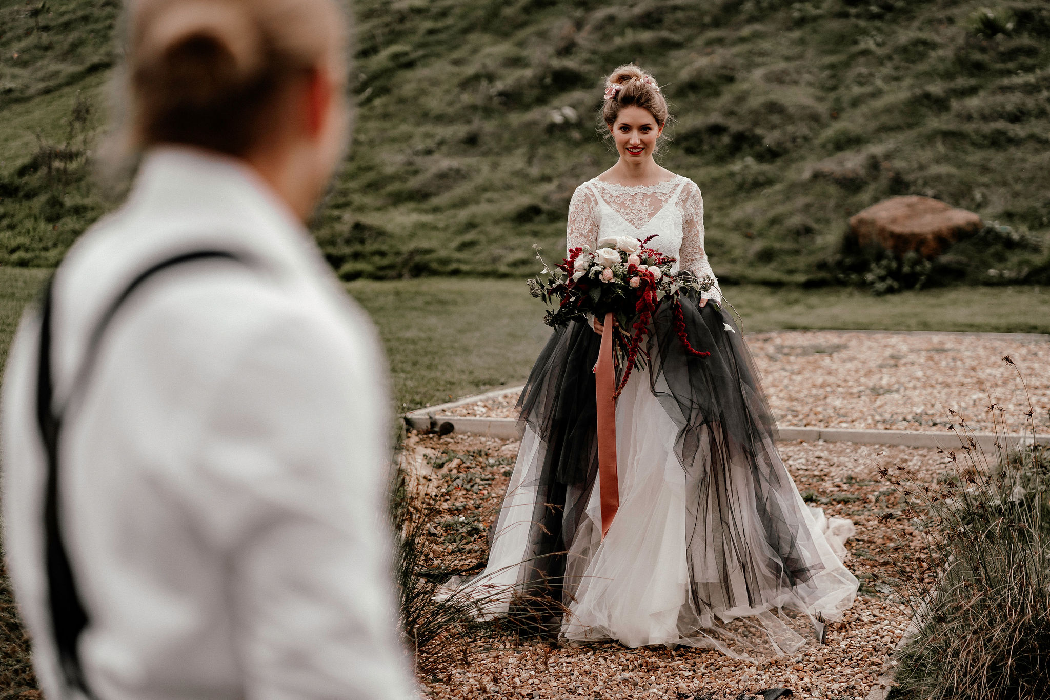 black and white wedding dress with oversized bouquet - unique bridal wear - wedding dress for outdoor wedding