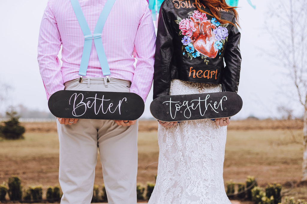 skater wedding - wedding personalised skateboards - personal wedding ideas - colourful wedding wear - unconventional wedding