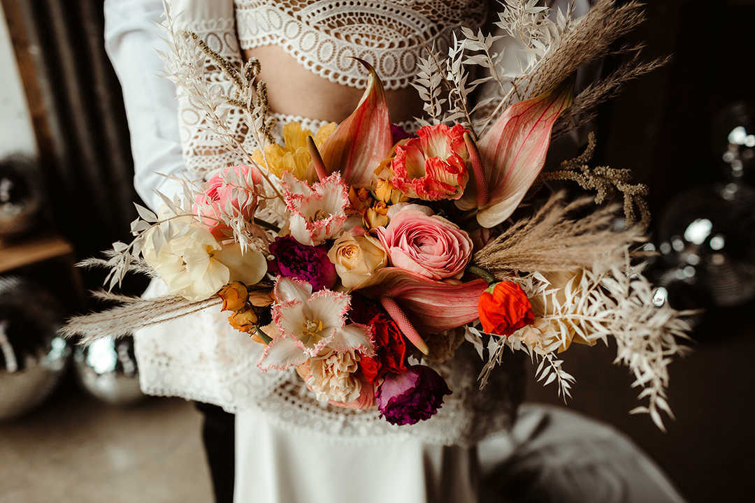 pink and orange bridal bouquet - bohemian wedding flowers