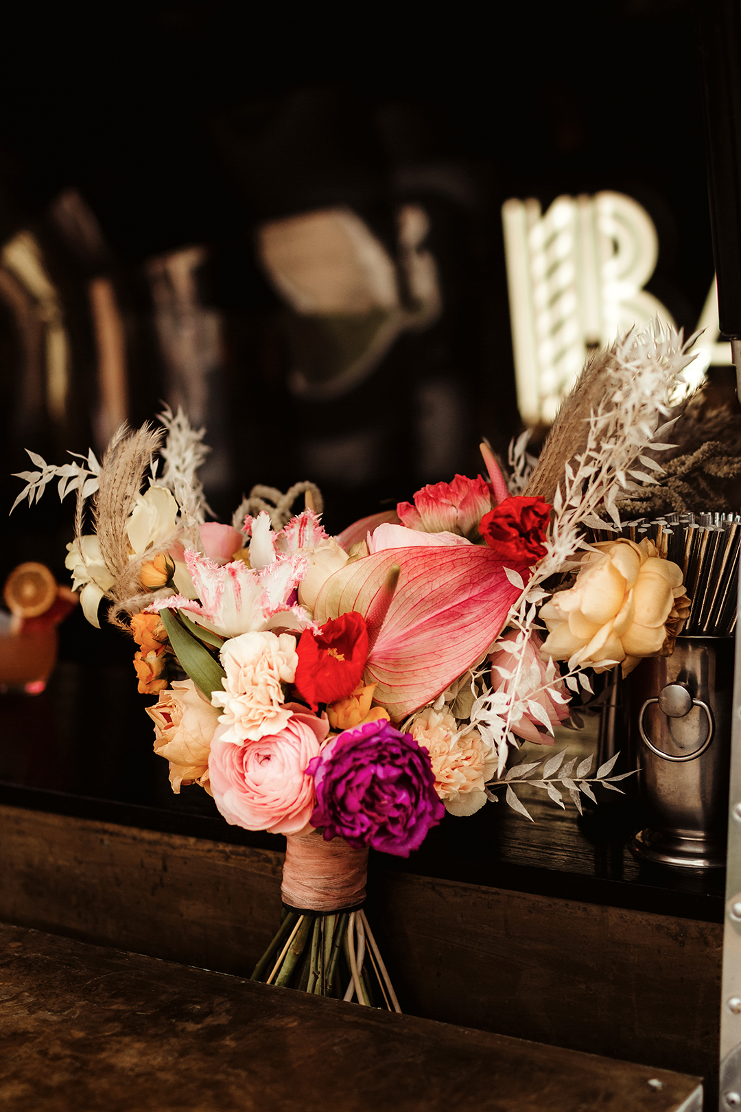 bohemian bridal bouquet - pink and red wedding flowers