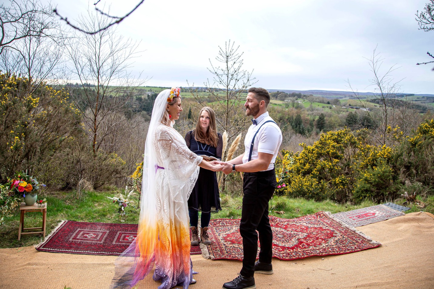 alternative wedding ceremony with celebrant - couple with alternative bride wearing multi coloured ombre wedding dress from bex brides daze photography 2