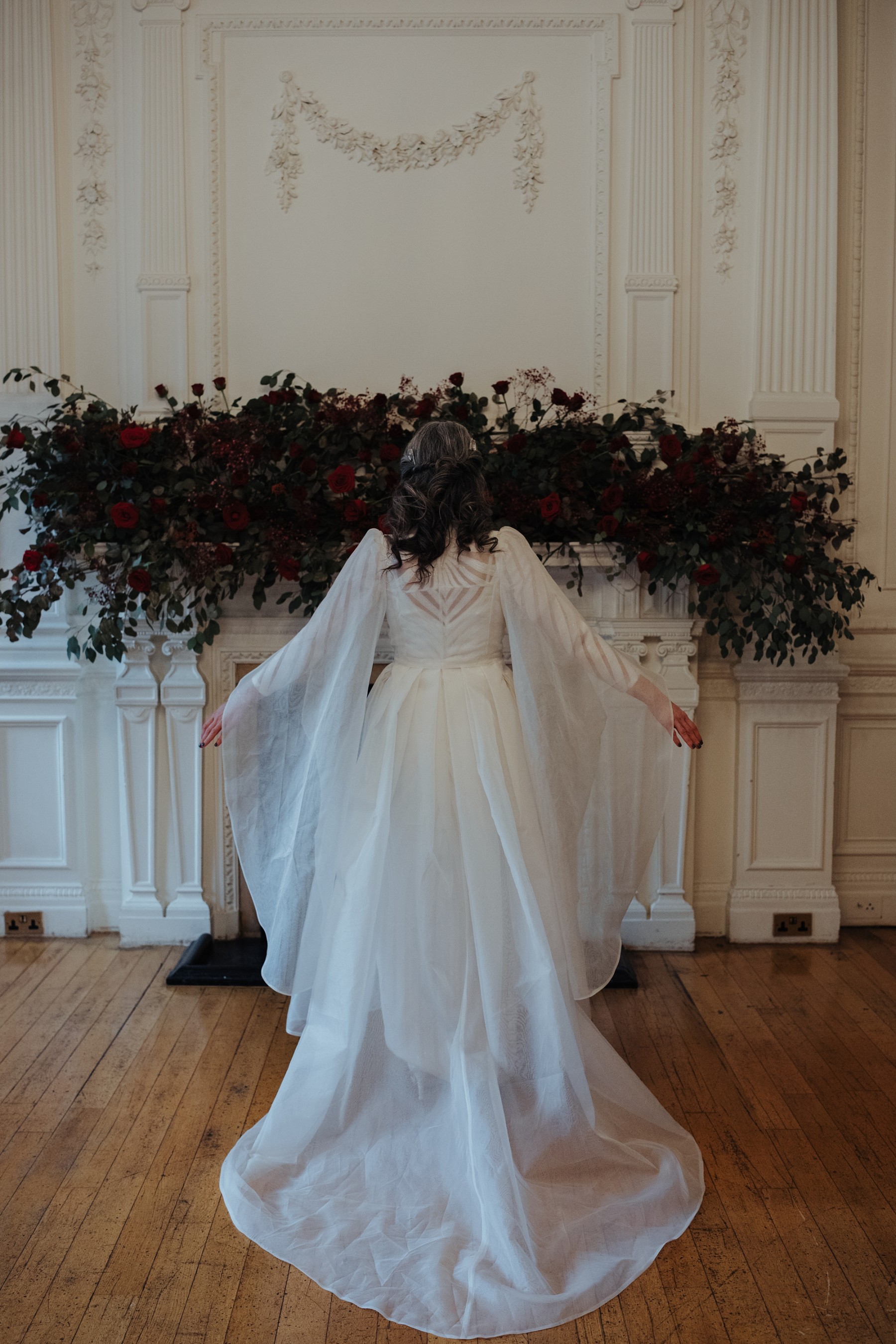 bespoke wedding dress with flared sleeves and long train - unique wedding dress