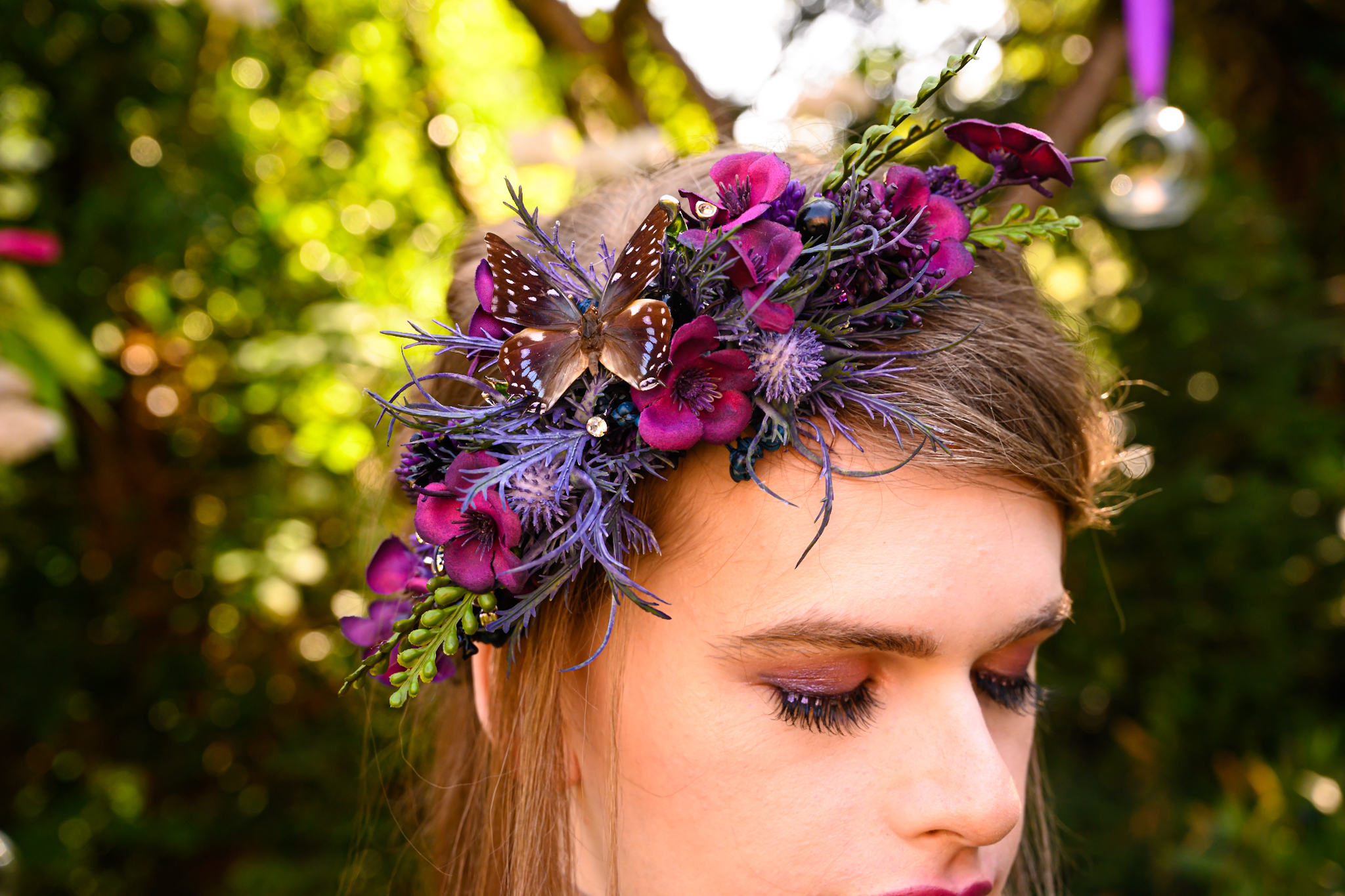 unique purple wedding headdress with butterflies