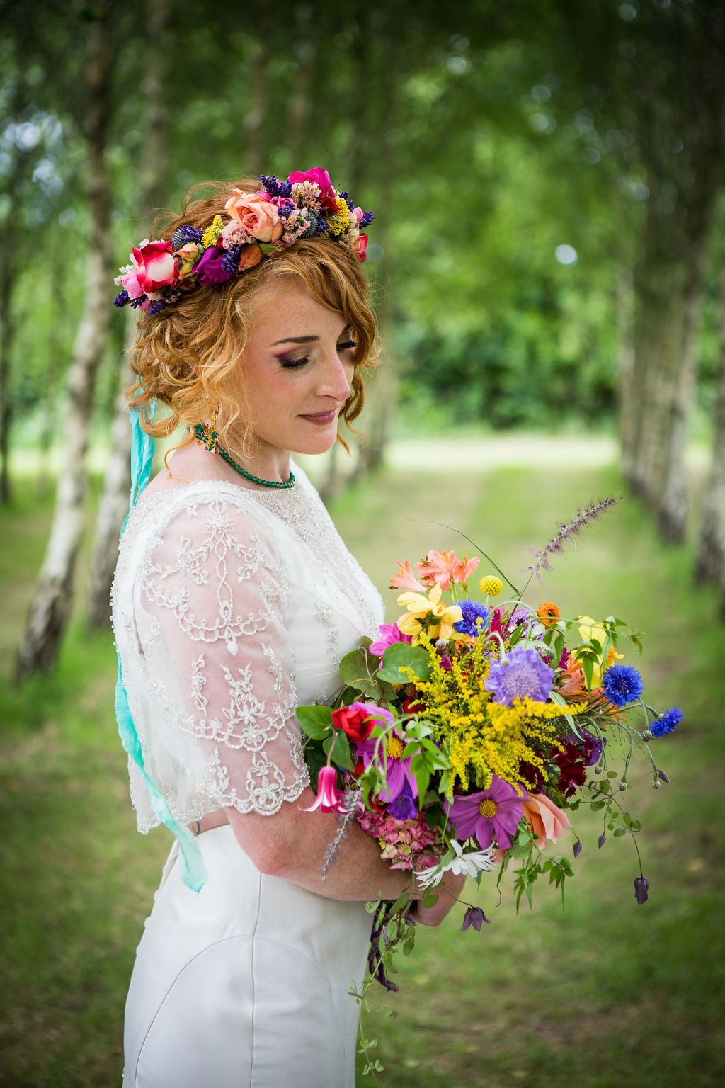 colourful wedding flowers and flower crown - devon wedding flowers