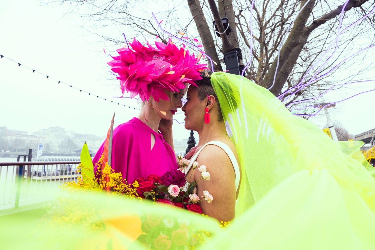 neon wedding in london - neon wedding veil and pink jumpsuit with bespoke headpiece