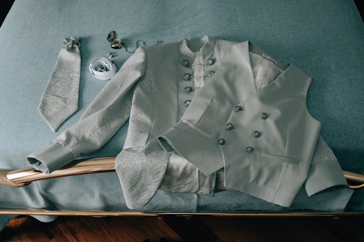 groom's grey prince charming inspired handmade wedding suit