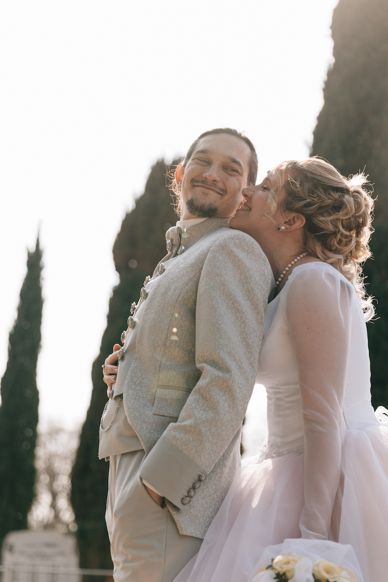 bride and groom in fantasy video gaming prince and princess style wedding clothes