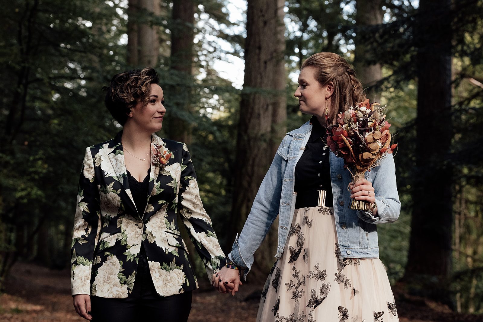non-traditional wedding wear for an intimate forest wedding in scottland