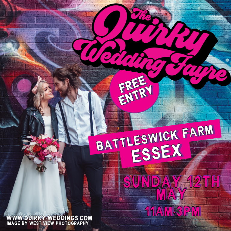 poster for the quirky wedding fayre at battleswick farm in essex. poster is of cool couple wearing funky sunglasses