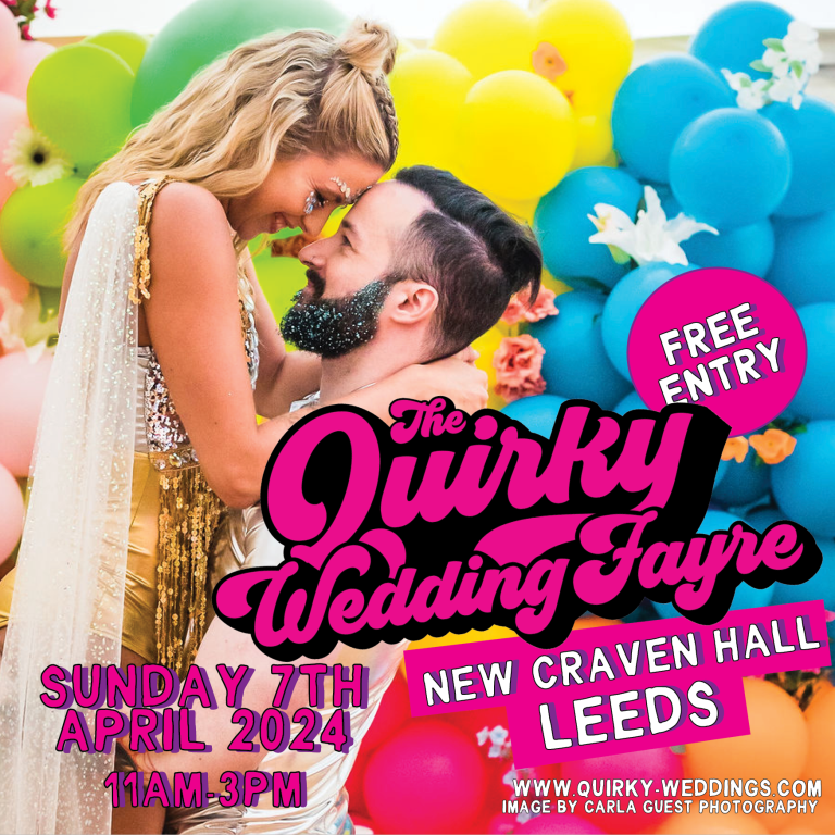 Poater for the quirky wedding fayre event at new craven hall wedding venue in leeds. poster is bright blue yellow and pink and has a happy couple with glitter on their face and beard.