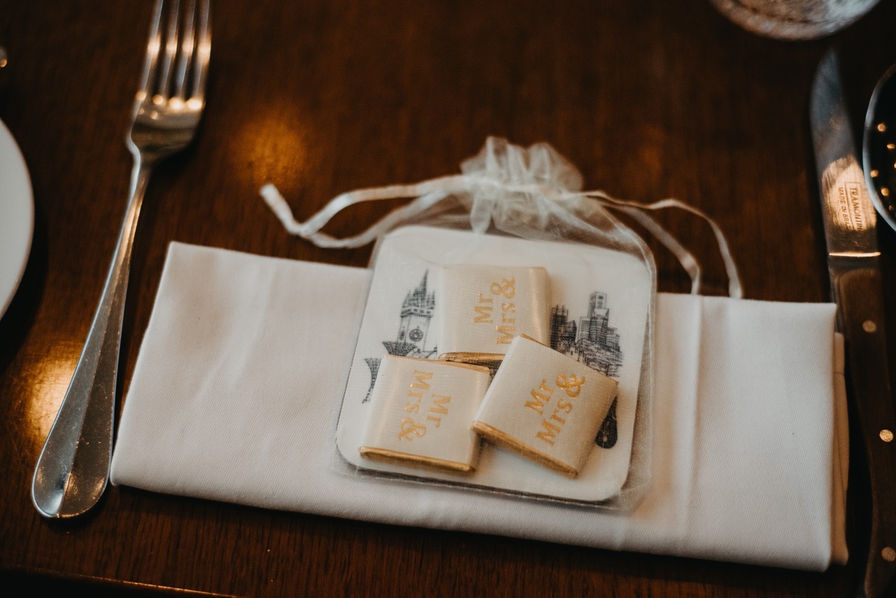simple wedding favours for intimate wedding - mr & mrs chocolates and location coaster