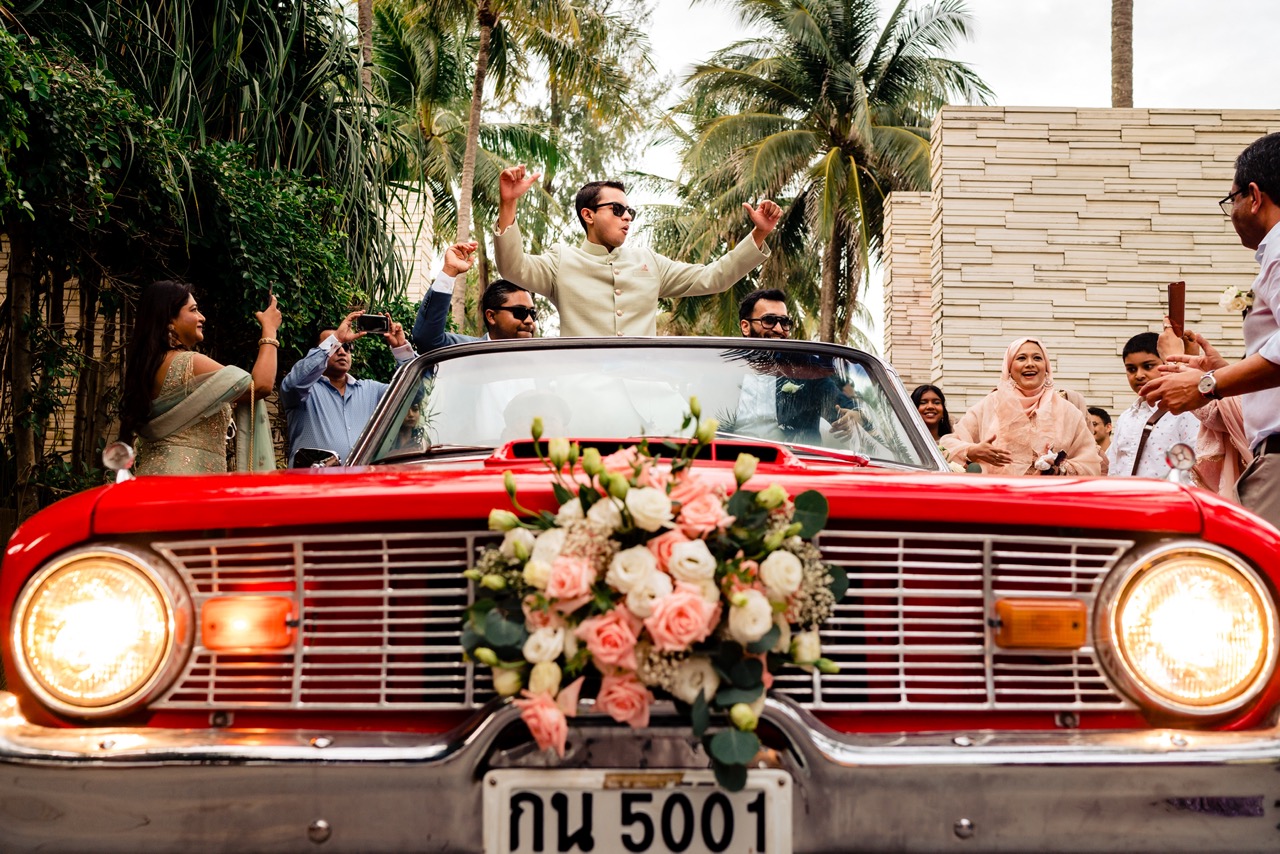 destination wedding in thailand with a vintage car for the groom