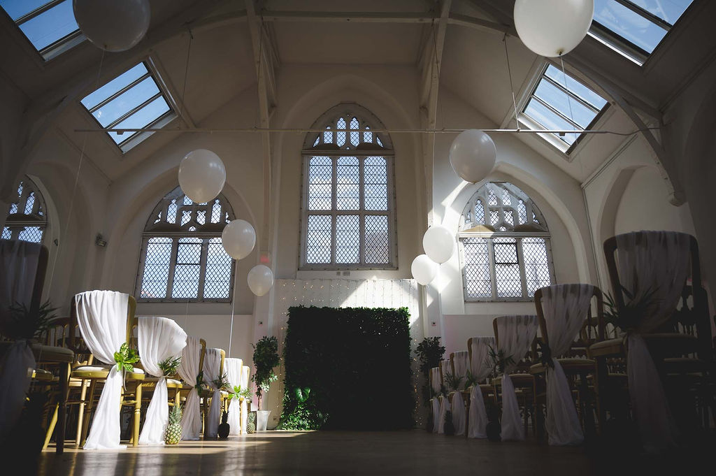 unique wedding venue in birmingham decorated with white balloons and foliage