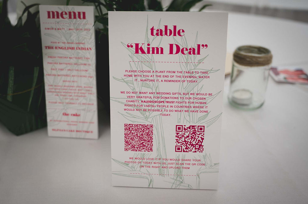 modern wedding stationery with pink text and plant designs