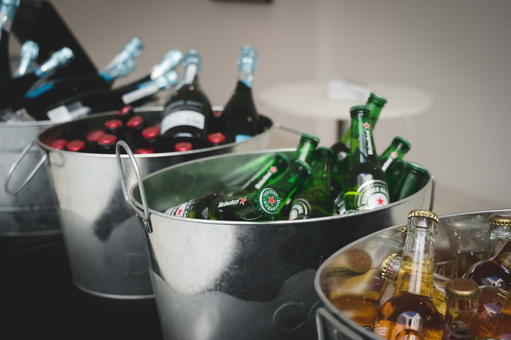 buckets of beer and wine at DIY wedding