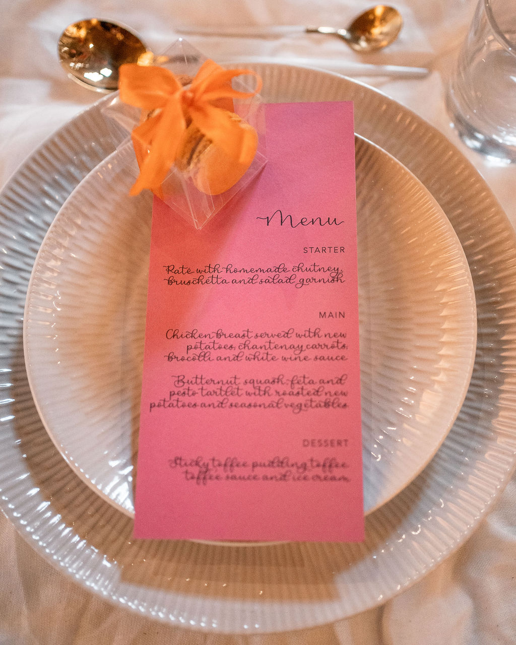 pink wedding stationery with simple black calligraphy - wedding menu ideas