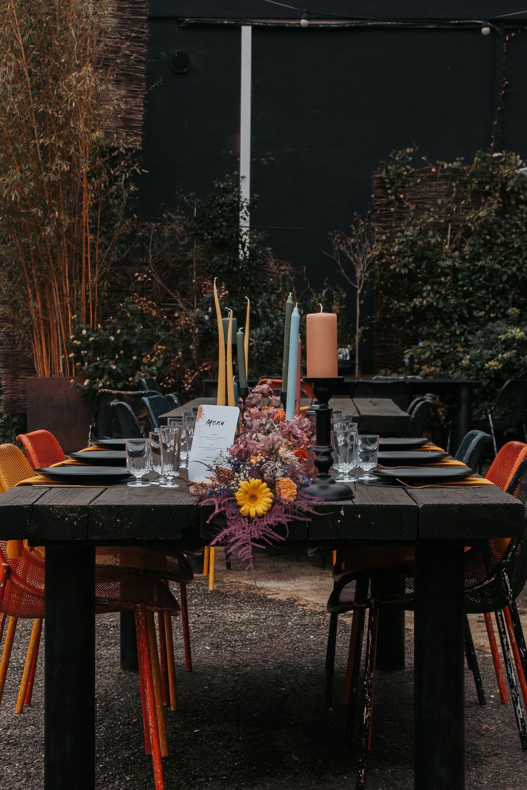 orange yellow and duck egg blue table scape