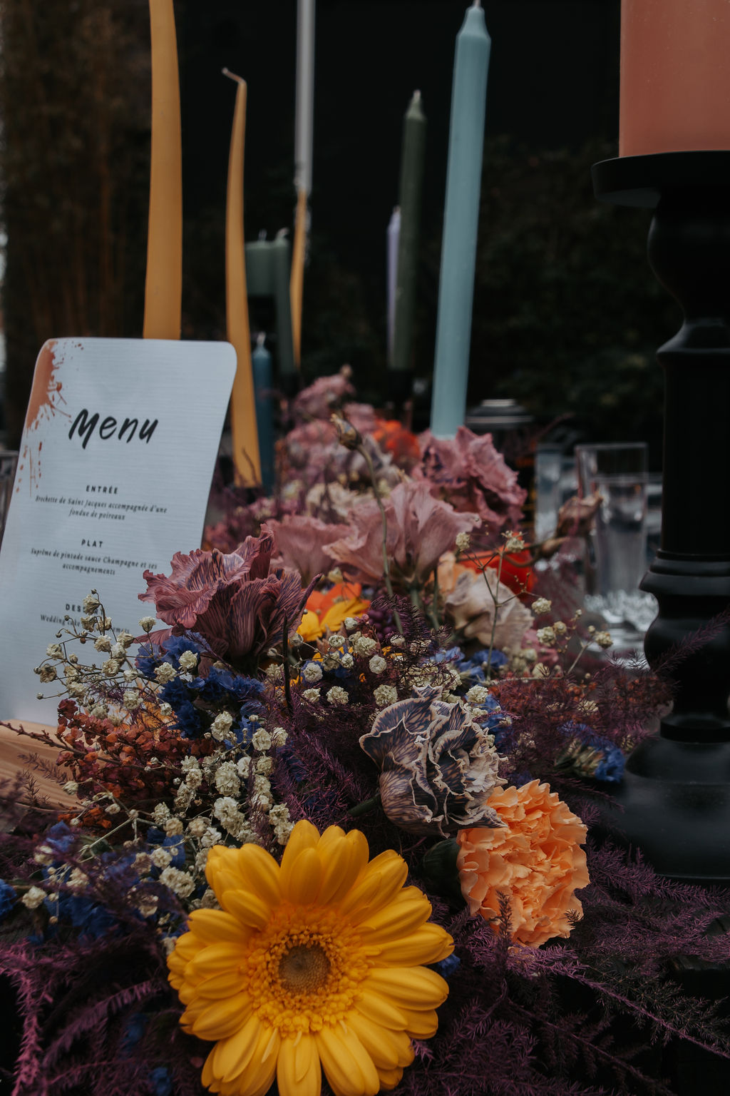 orange yellow and duck egg blue table scape