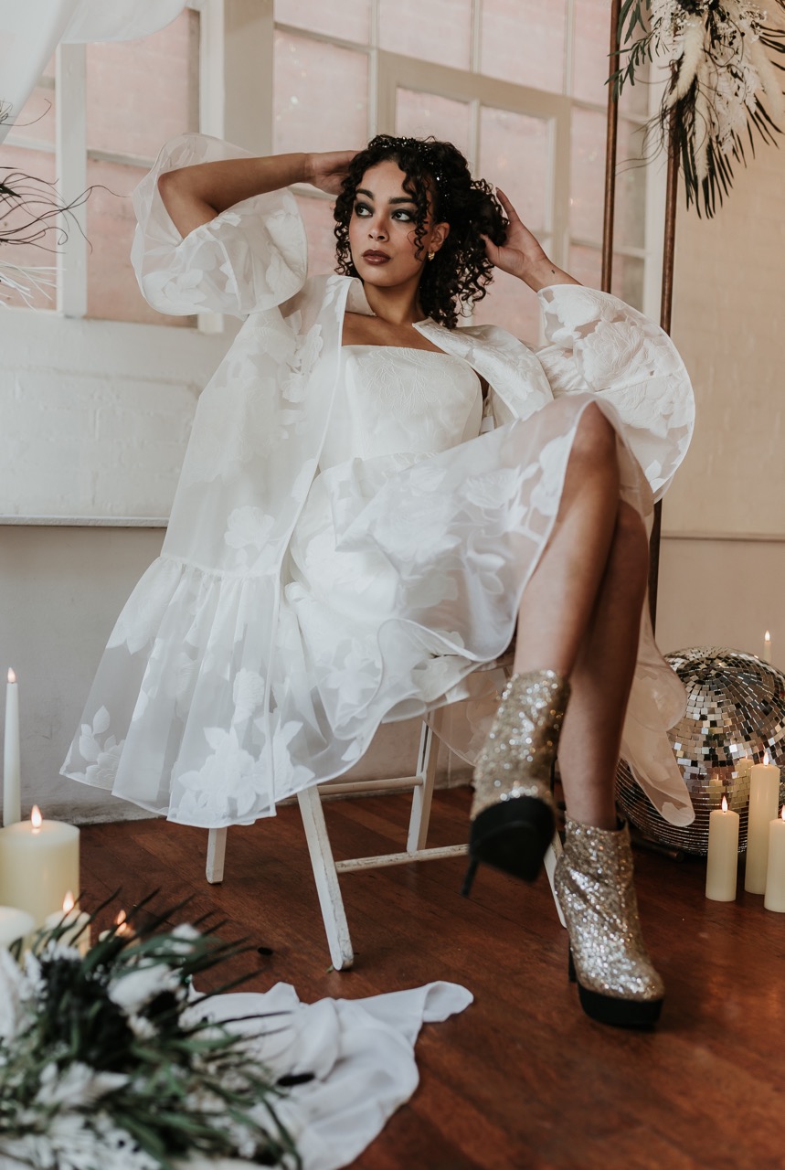 bride in short wedding dress and sparkly boots