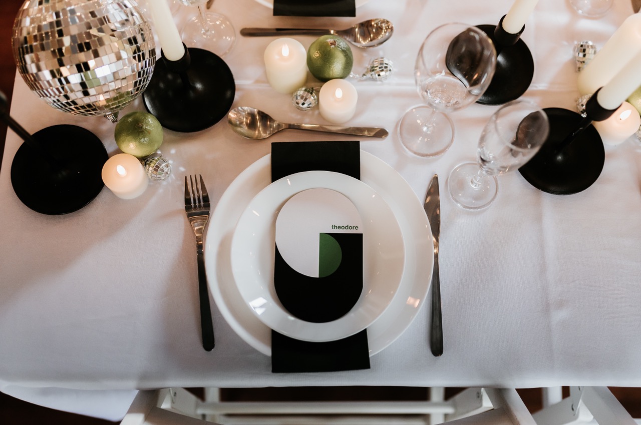 black and white wedding styling with pops of green - monochrome wedding styling with modern wedding stationery