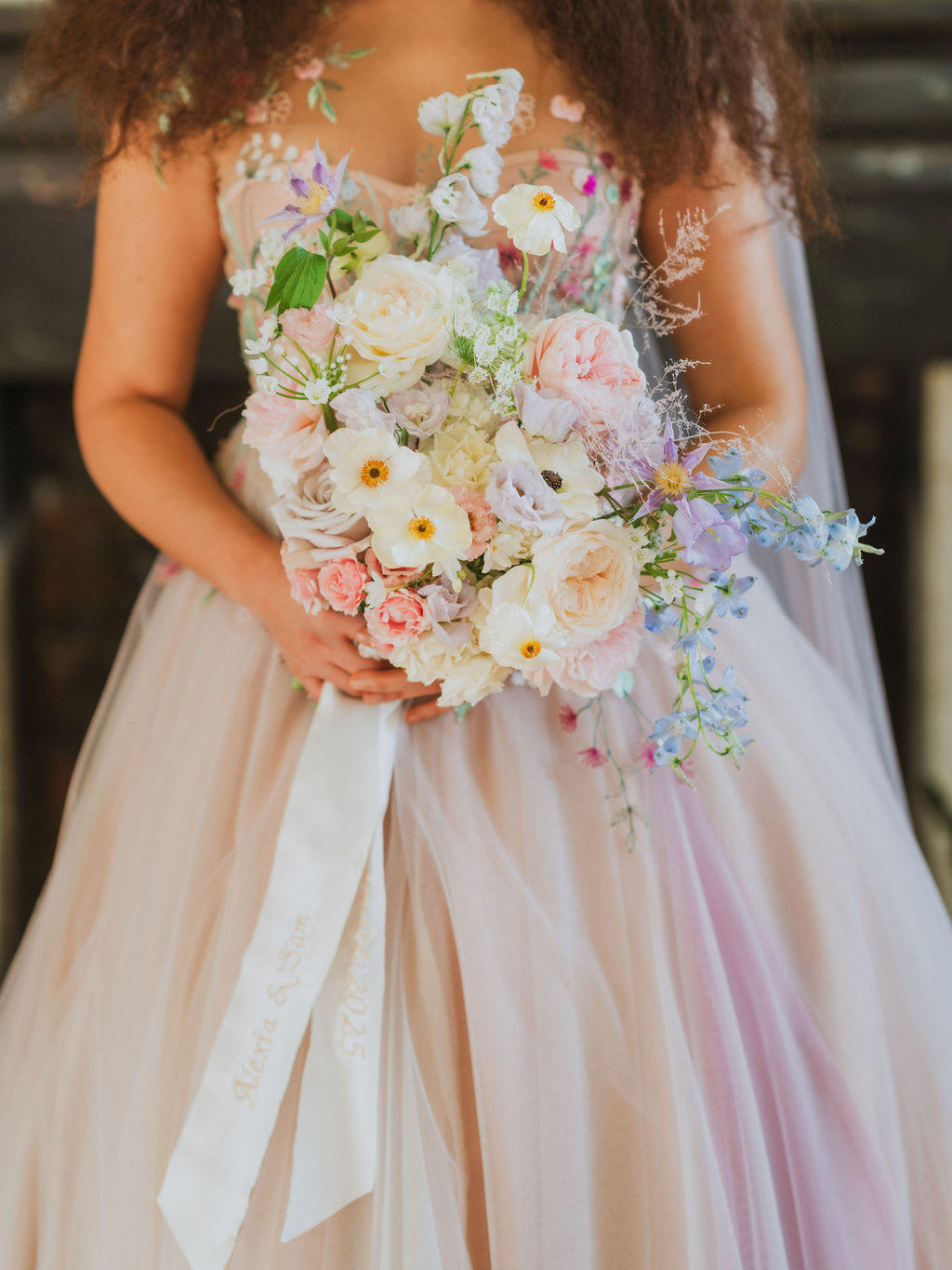 whimsical pastel wedding bouquet for baroque inspired wedding shoot