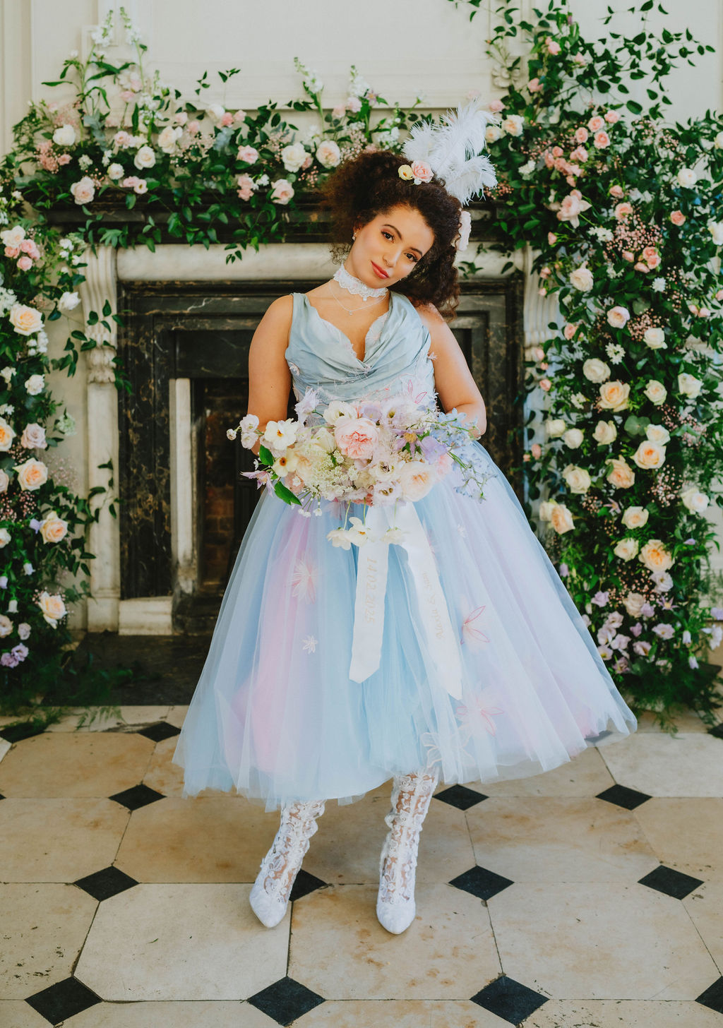 baroque inspired wedding inspiration with pastel wedding dress and whimsical wedding flowers