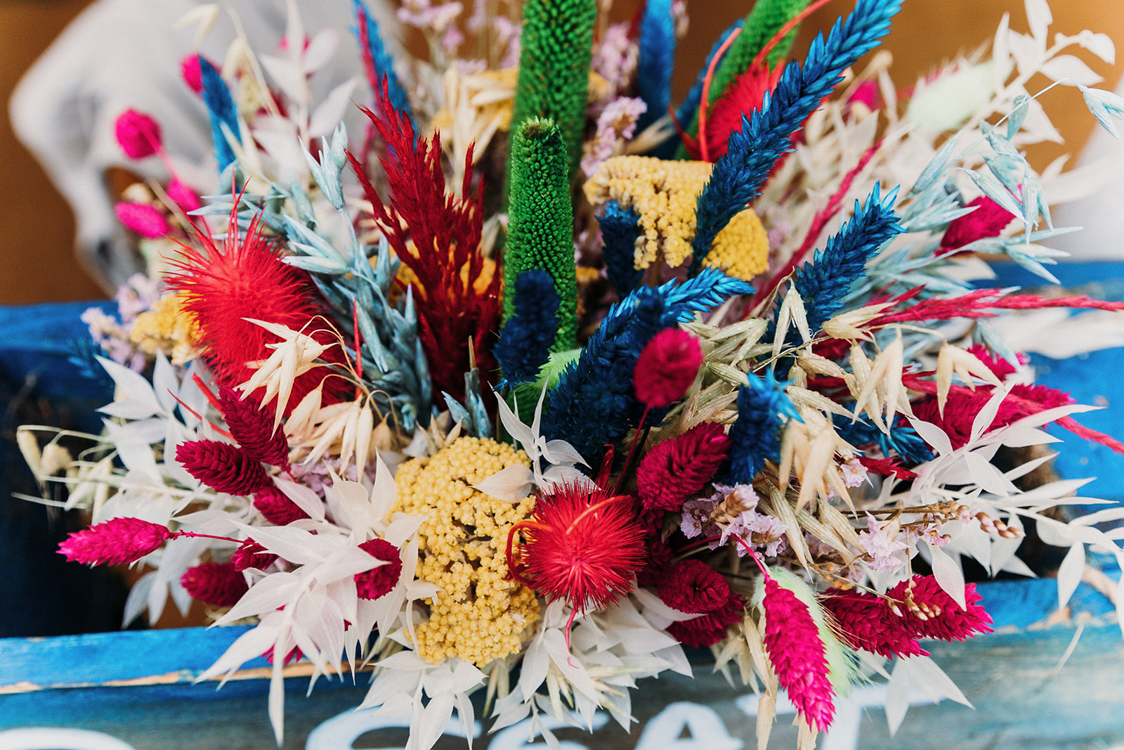 colourful dried flower bridal bouquet