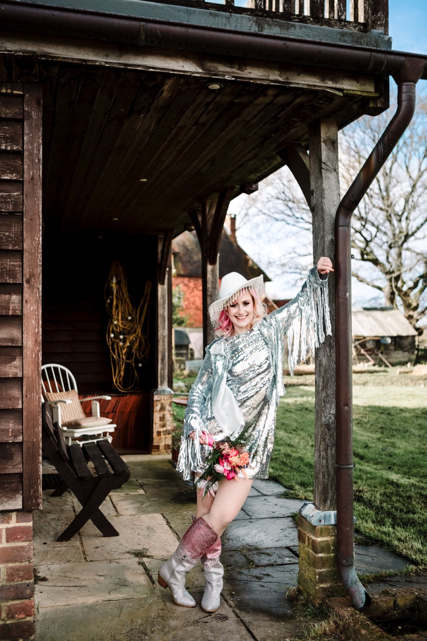 silver sparkly wedding wear for disco western wedding