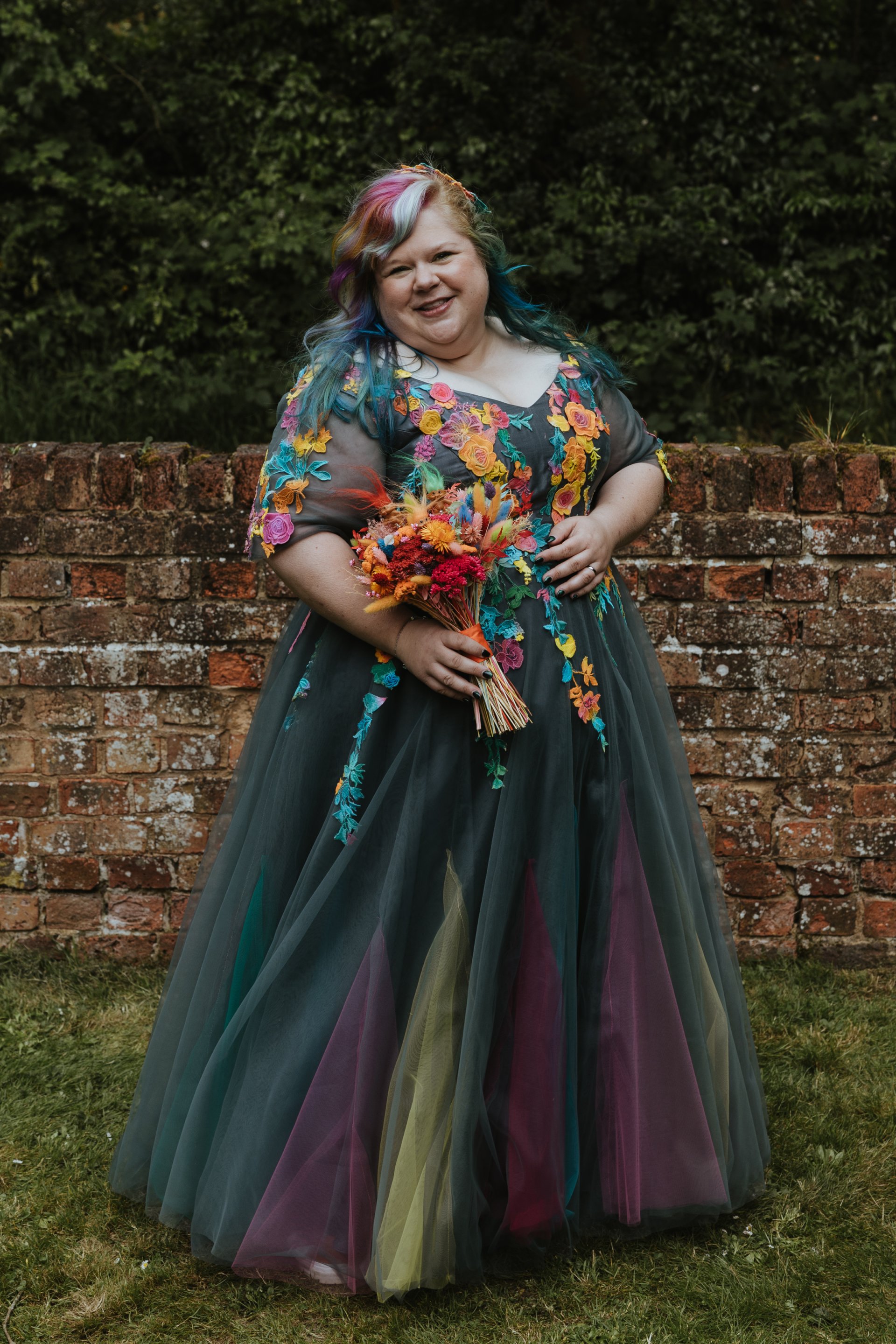 alternative wedding dress with colourful chiffon and embroidery