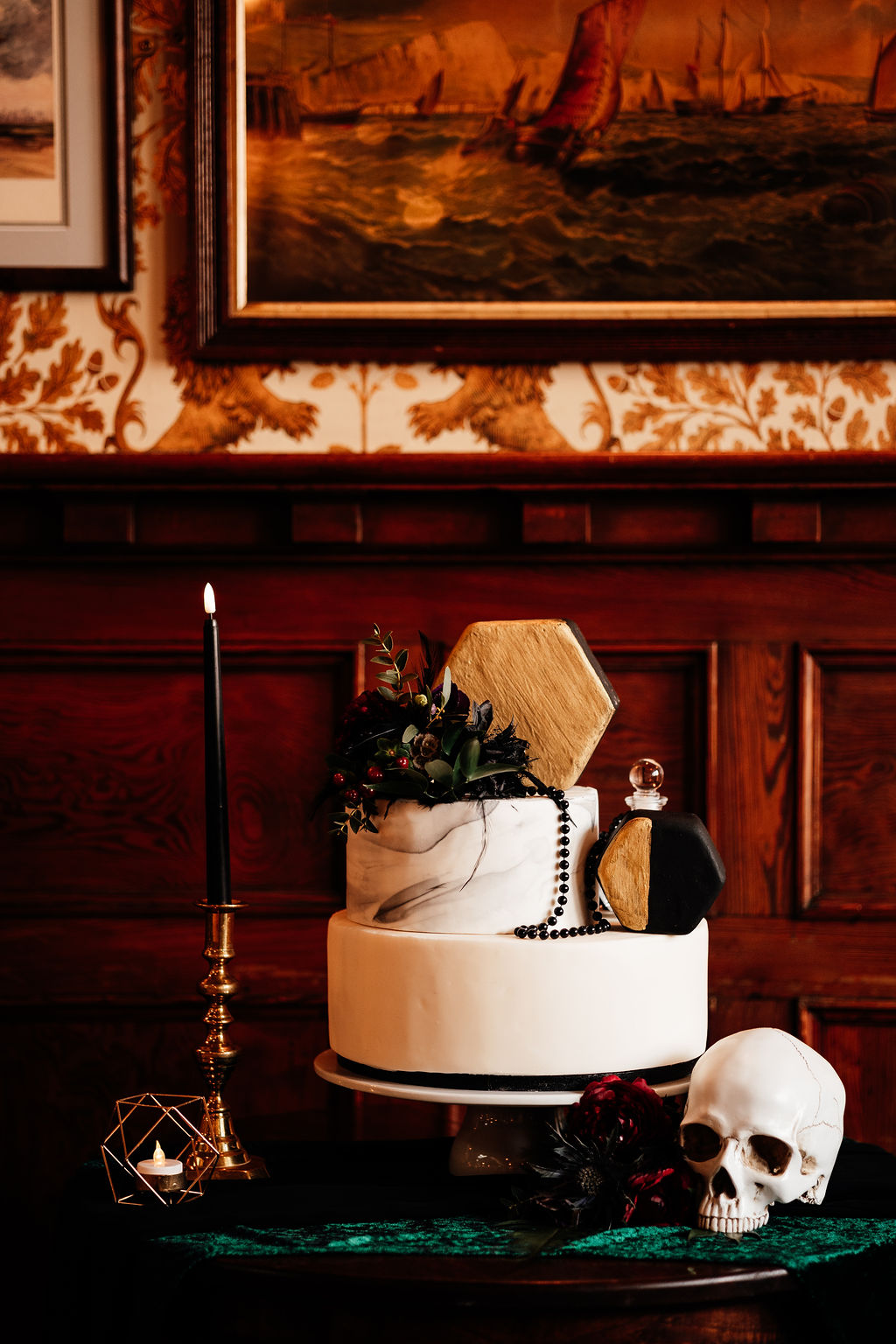 geometric, white and black wedding cake with marble effect