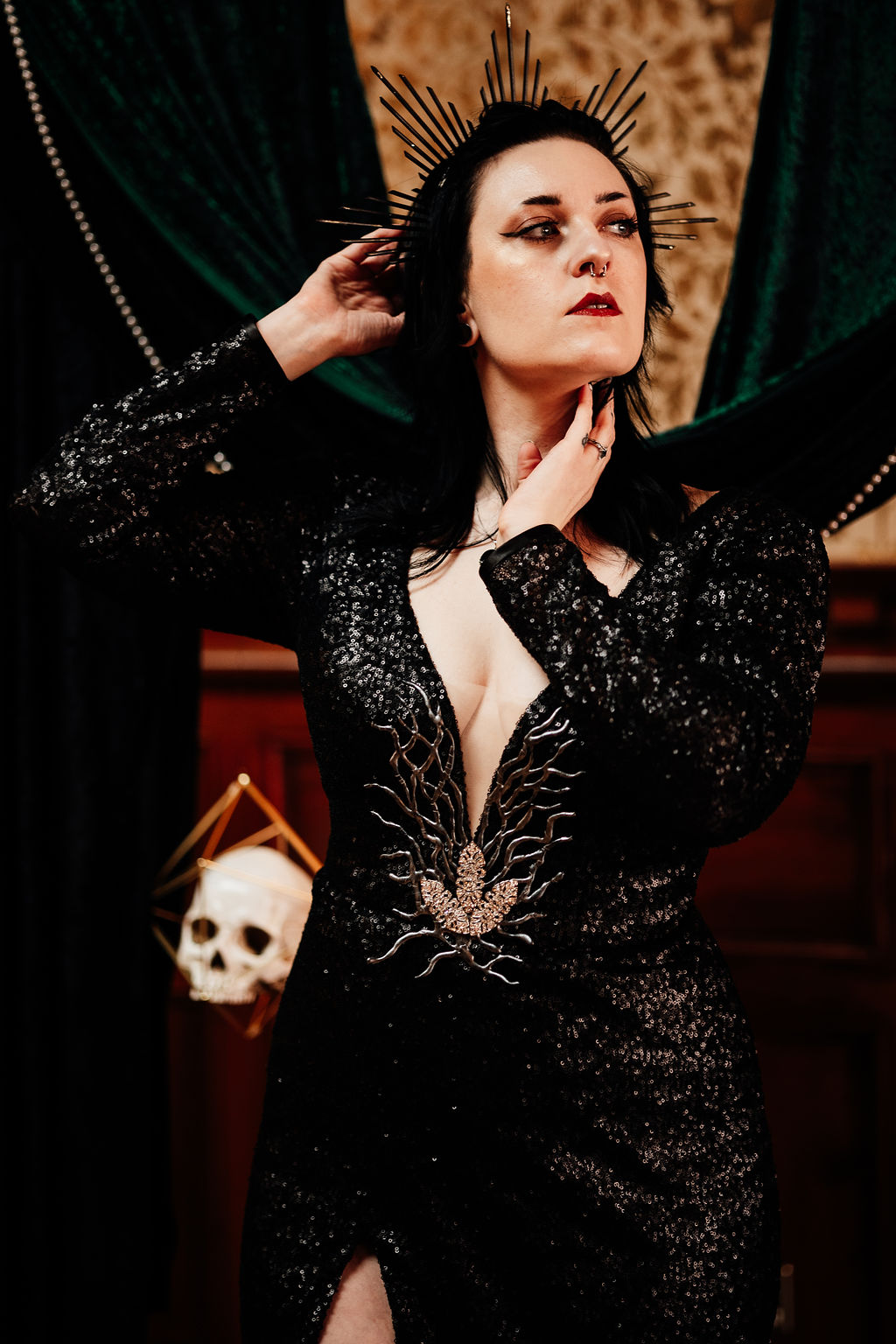 unique black wedding dress with leg slit and low cut front