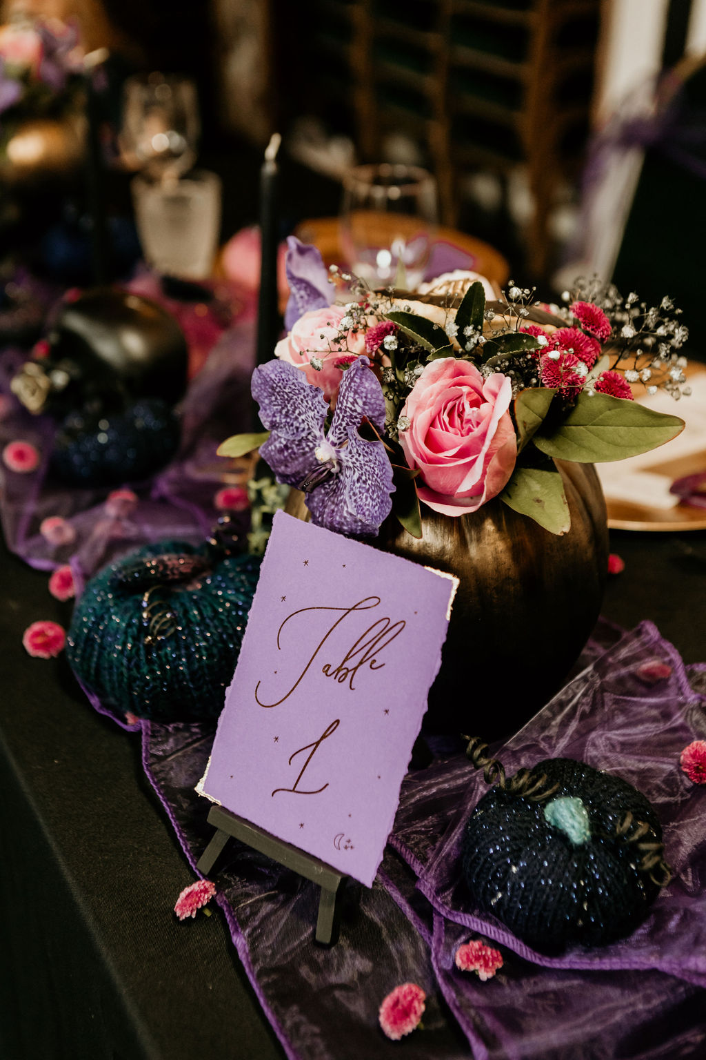 purple wedding stationery table marker with gold text