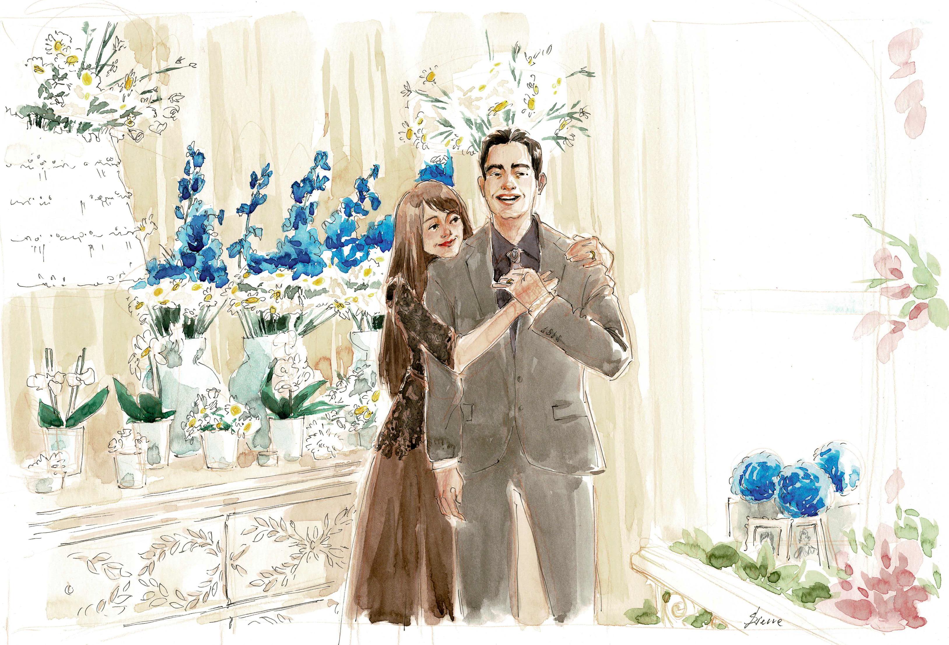 live illustration painting of wedding guests by svetlana lierre london based illustrator