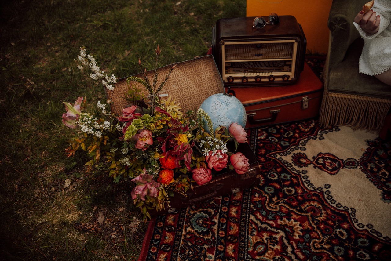 colourful wedding flowers in eclectic wedding photobooth