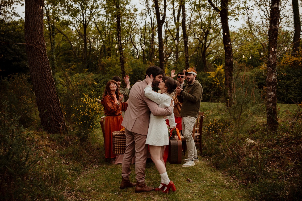 forest wedding ceremony at wes anderson themed wedding