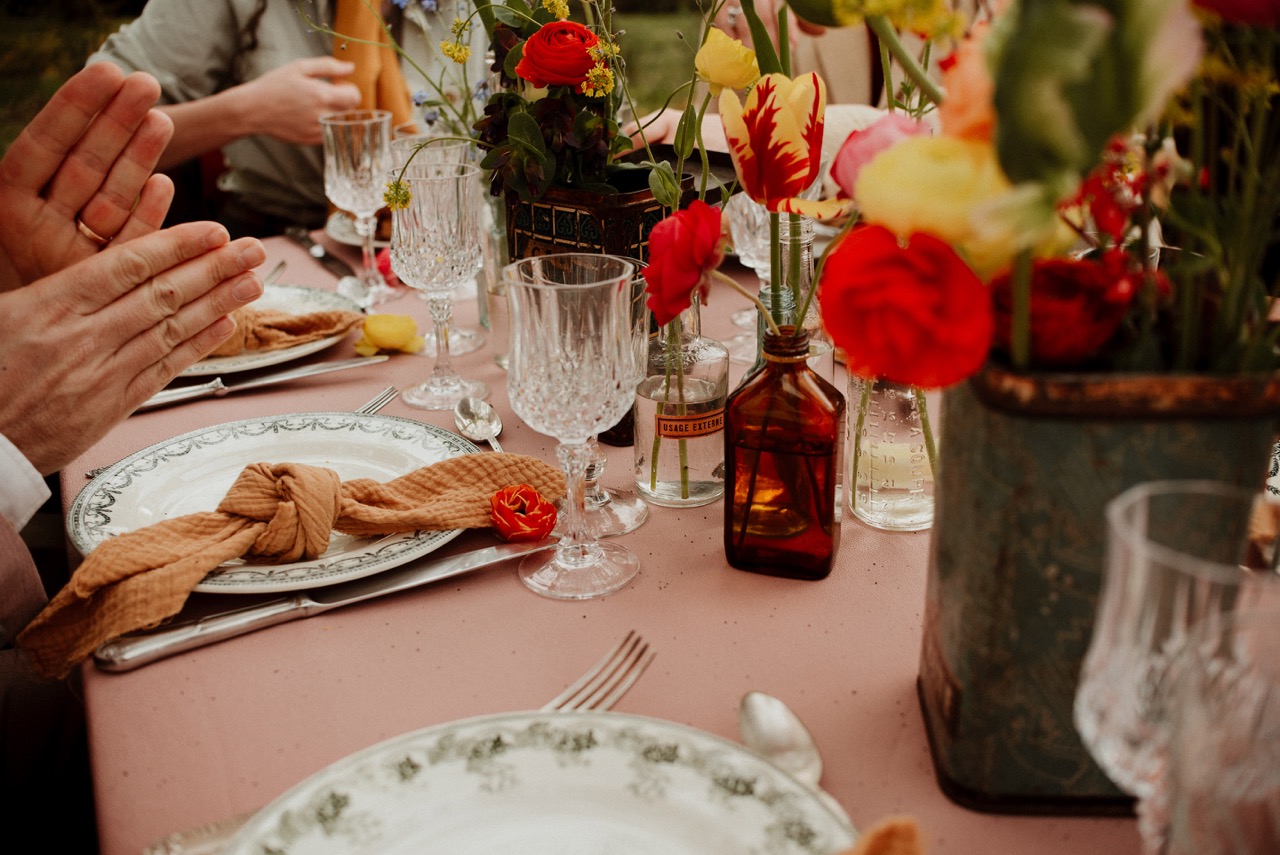 eclectic decor for colourful forest wedding with summer camp theme