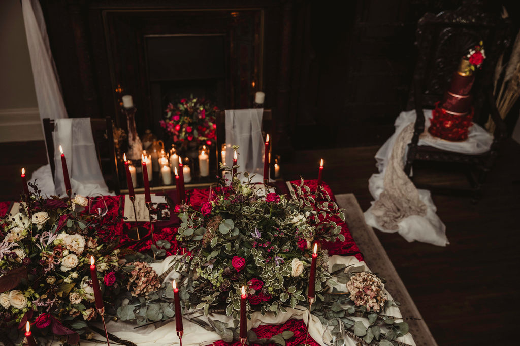 red and gold wedding styling for gothic winter wedding