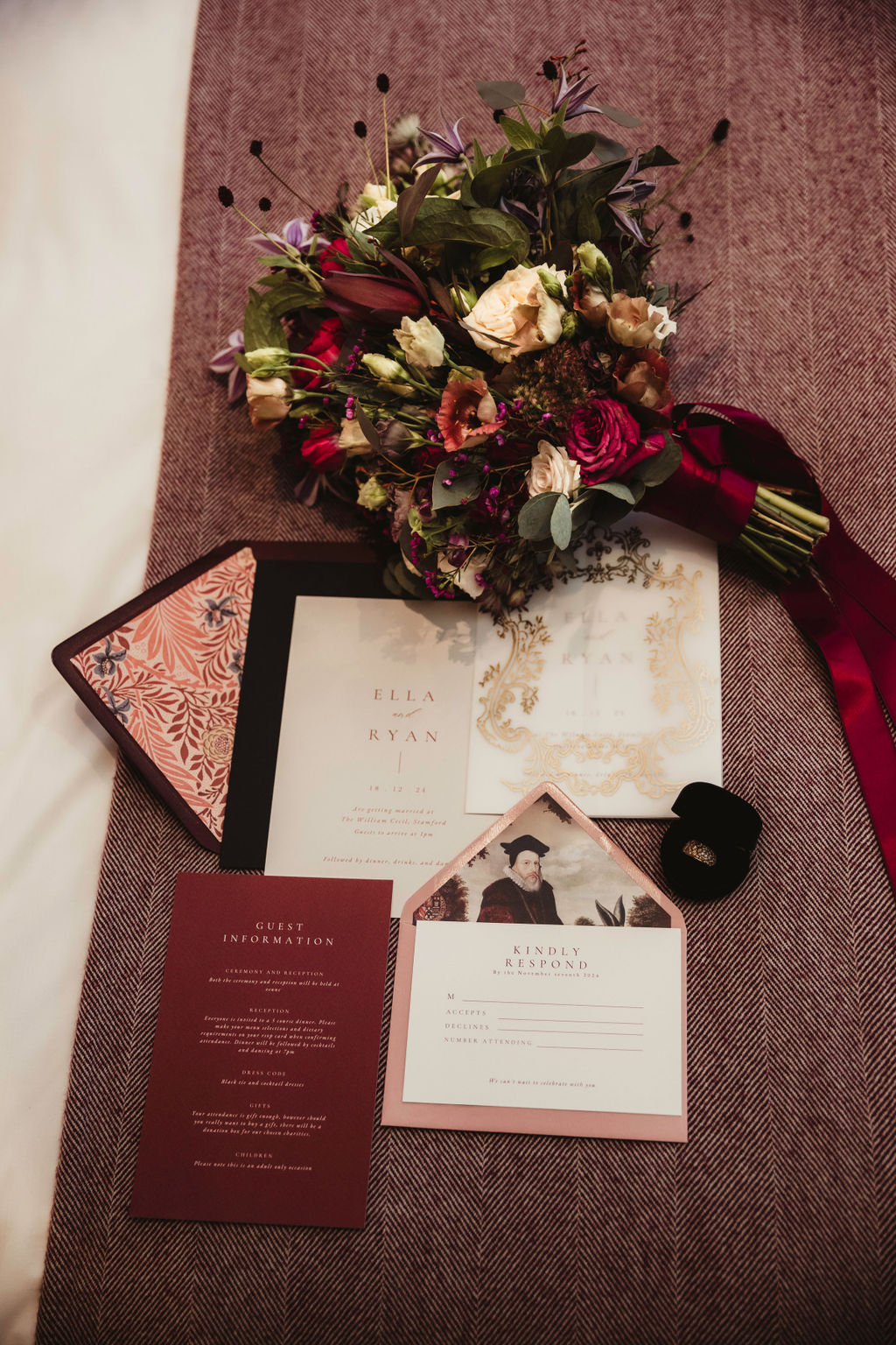 gothic winter wedding stationery with red and black colour scheme